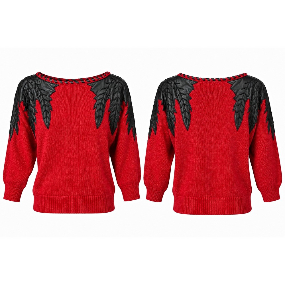 Nannell Women Pullover Sweater Red Knit Black Leather Leaf Shoulder Size S